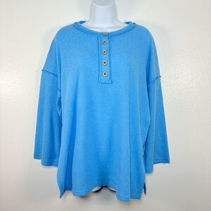 Zenana Light Blue Ribbed Knit Henley Oversized Cozy Casual Top SzM
